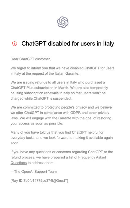 OpenAI blocks ChatGPT in Italy due to geolocation restrictions